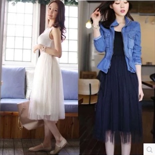 莫代尔拼接网纱裙打底吊带背心裙中长款 高腰连衣裙秋冬短裙蓬蓬裙