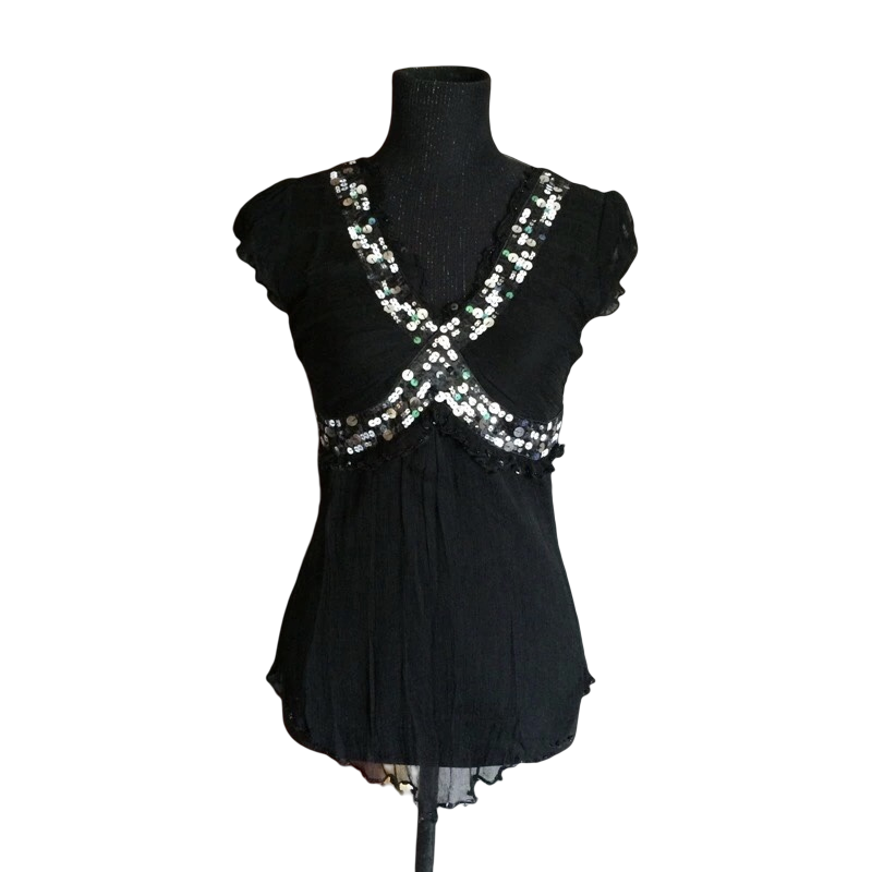 绣亮片纺丝雪纺t恤夏季外单样衣时尚打底衫