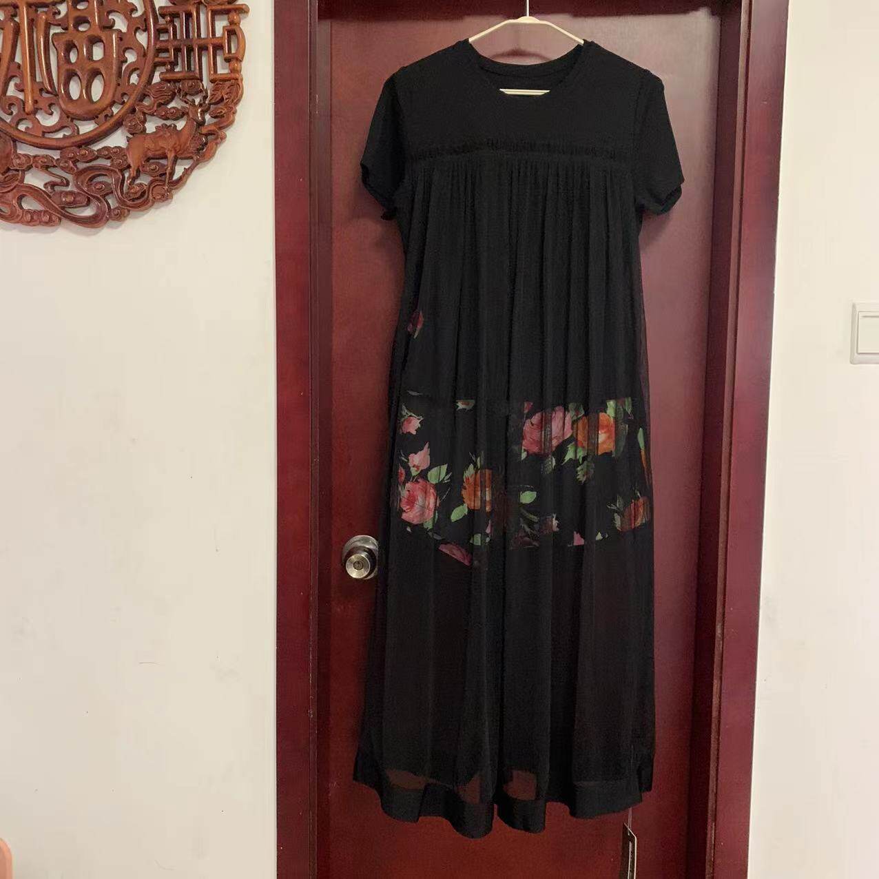 M码黑色套头下身透视长连衣裙品牌断码捡漏价不退不换圆领短袖长