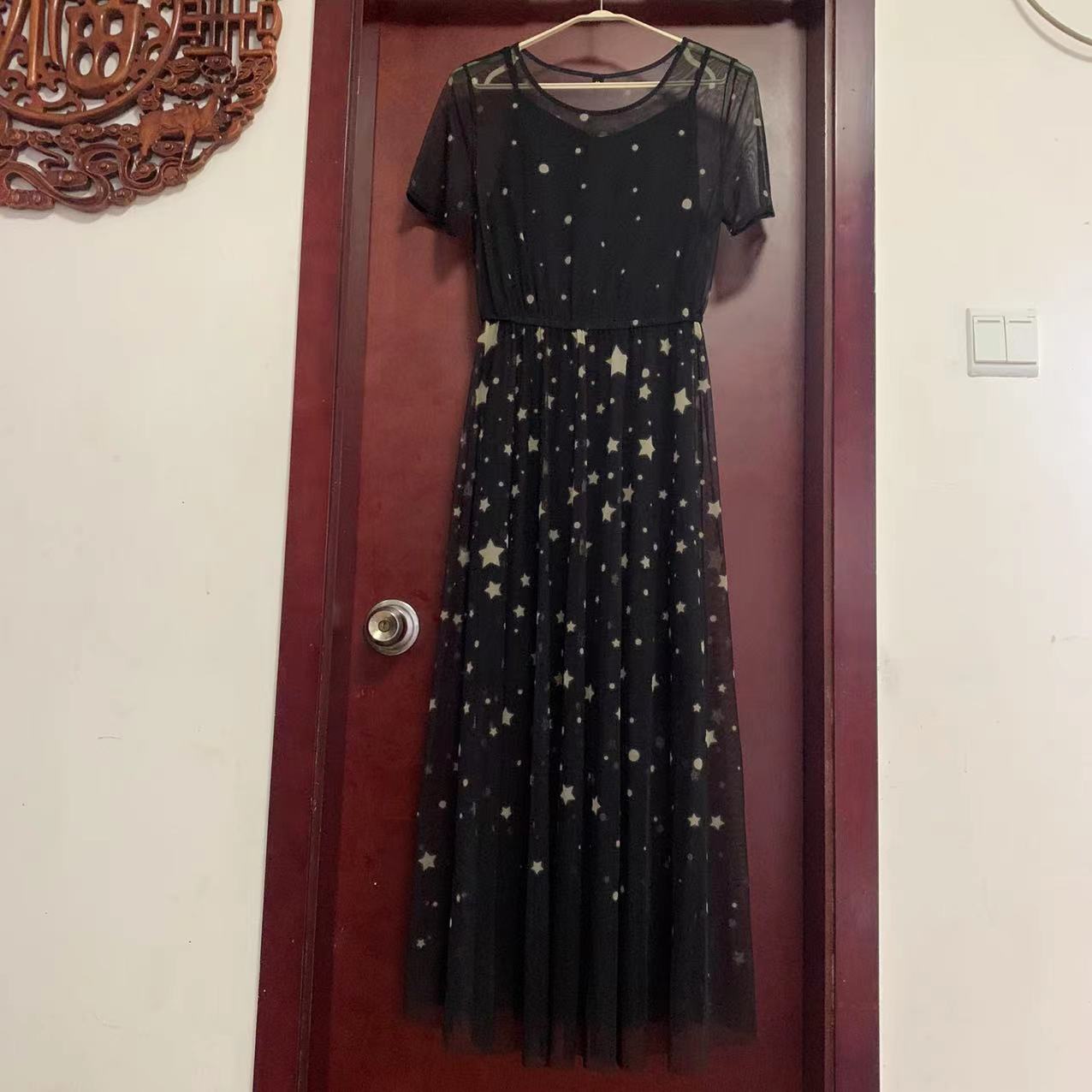 M码纯黑星点网纱透视两件套连衣裙品牌断码捡漏价不退不换慎拍新