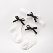 春秋婴儿纯棉袜男女宝宝可爱发带袜子地板中筒卡通防滑纯棉学步袜