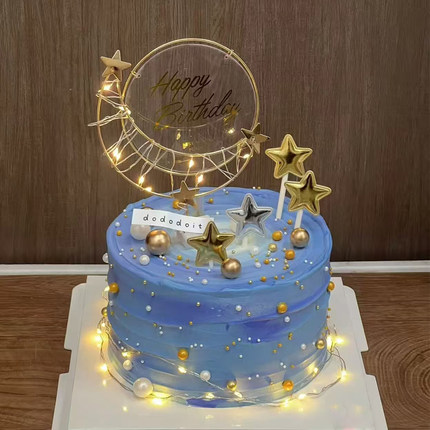 网红立体月亮蛋糕装饰透明圆形hb铁艺插件皮质金银五角星生日插牌