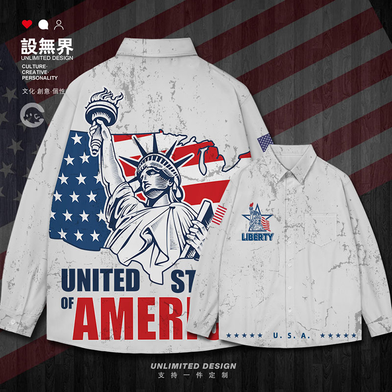美国纽约自由女神像复古长袖衬衫男女欧美风ins花衬衫0017设 无界