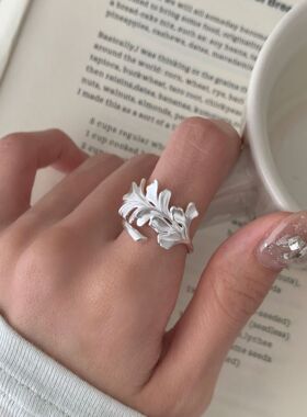 S925纯银哑光银叶戒指女复古韩国小众设计高级感ins风 指环