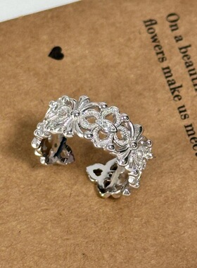 S925纯银镂空鸢尾花戒指女轻奢气质小众设计复古食指戒时尚高级感