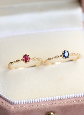 日系轻奢 天然红宝石戒指 蓝宝石蛋形镂空简约百搭925银戒指叠戴