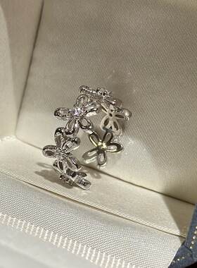 s925纯银小花戒指小众设计简约法式镂空花朵开口指环