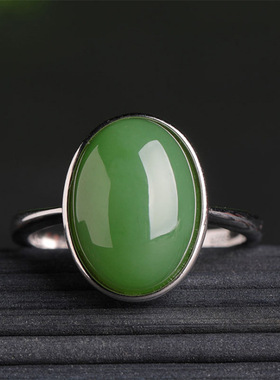925银镶嵌碧玉戒指大蛋面绿色玉石指环和田玉女戒开口