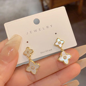 白色贝母两阶四叶草耳钉韩版 小众百搭锆石银针耳环高级感网红耳饰