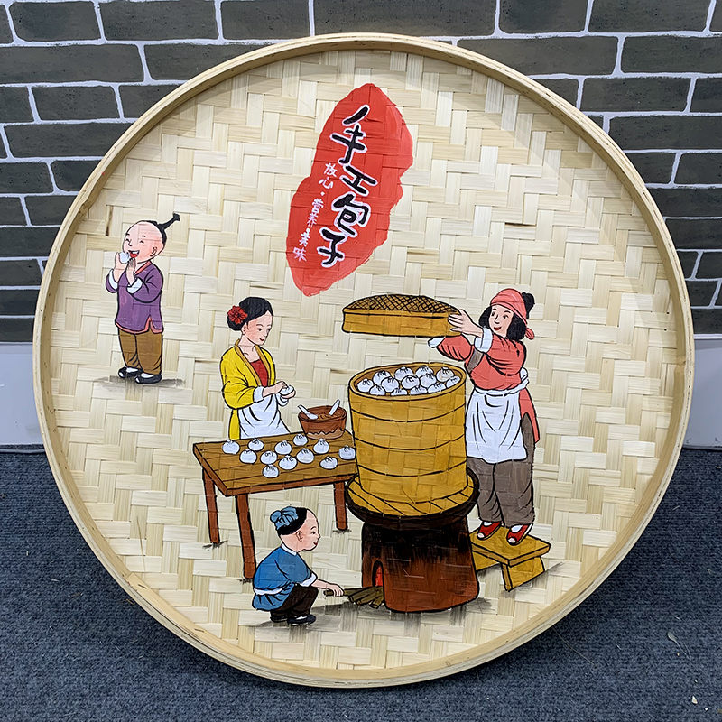 手绘竹编簸箕装饰画餐馆墙面挂饰墙上墙壁挂件饺子面米粉壁饰墙饰图片