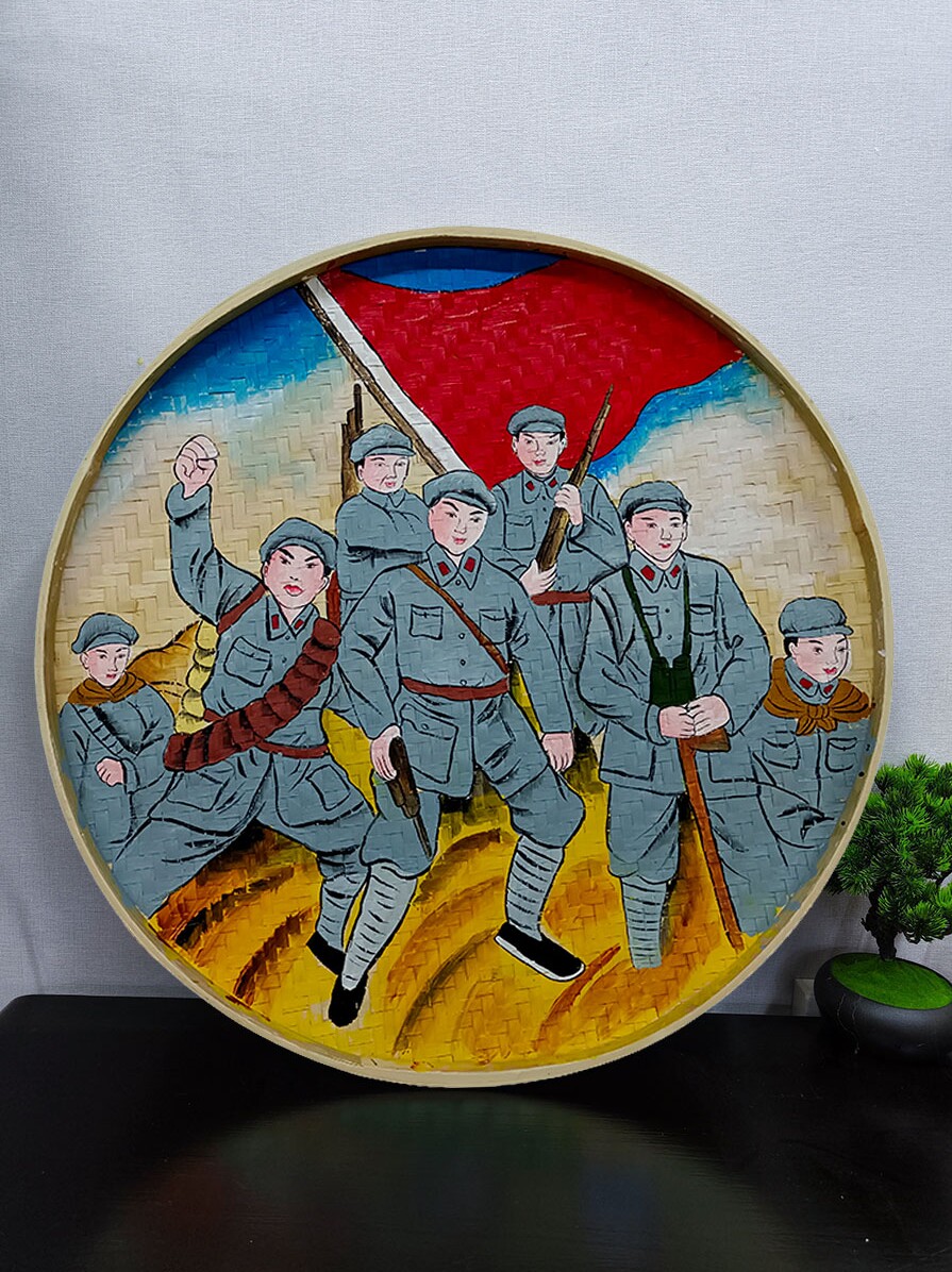 手绘竹编簸箕画红军墙面装饰画红色古村墙壁挂饰户外墙上挂件璧饰