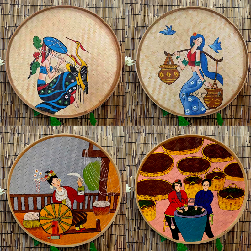 手绘竹编簸箕画云南特色装饰画