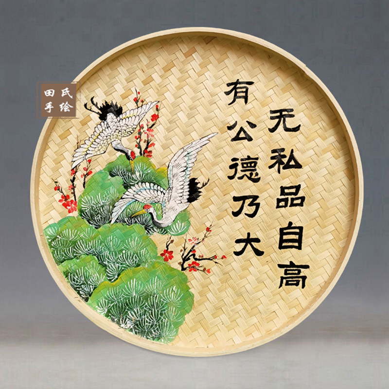 手绘竹编簸箕画廉洁文化装饰画美丽乡村建设文明用语墙画墙饰壁画