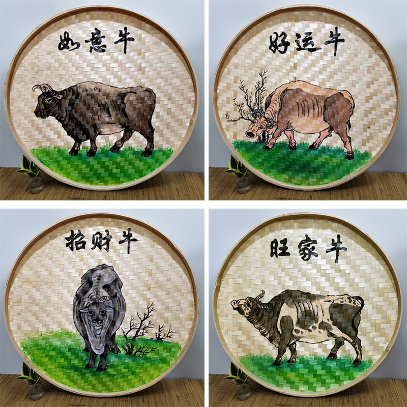 手绘画竹编簸箕挂画圆形挂件农庄农家乐墙面装饰画田园墙壁挂饰品图片