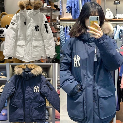 韩国代购正品MLB羽绒服NY中长款男女保暖鹅绒工装连帽夹派克外套