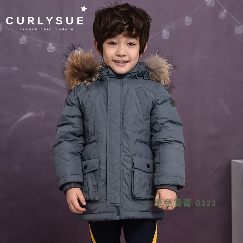 curlysue韩国可爱秀童装冬季新品男童纯色连帽休闲户外儿童羽绒服