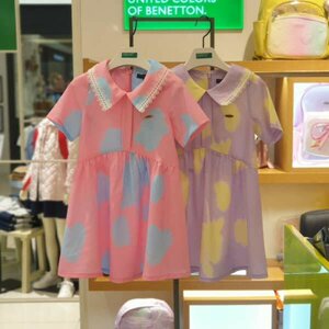 benetton韩国童装夏季儿童连衣裙女中大童薄款快干凉爽短袖连衣裙