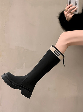 SEVEN LUNA~国内正品2023秋冬拼色时装靴字母粗跟高筒靴女SLMO802