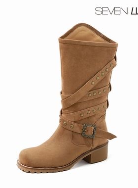 SEVEN LUNA国内正品2024秋冬铆钉西部牛仔靴沙漠靴中筒靴女SLPD35