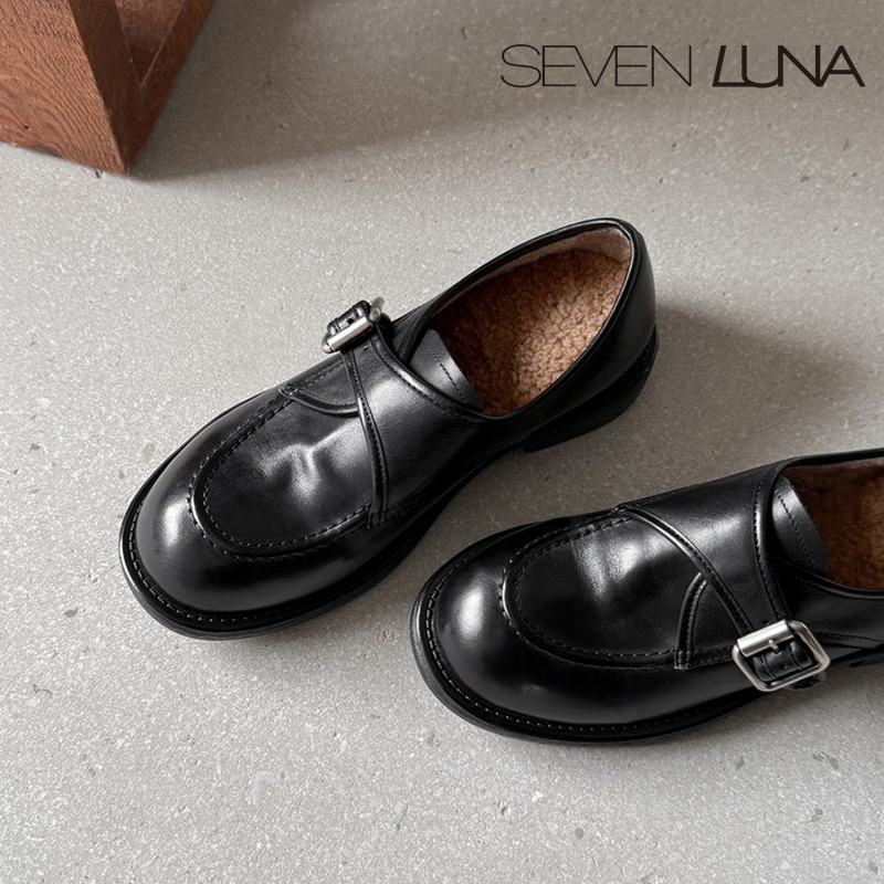 SEVEN LUNA~国内正品2025冬季加绒乐福鞋小皮鞋保暖棉鞋女SLWC