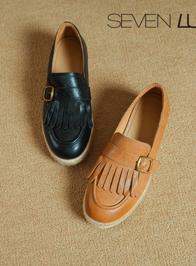 SEVEN LUNA~国内正品2025秋季草编厚底渔夫鞋一脚蹬单鞋女SLPS289