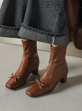 SEVEN LUNA~国内正品2025秋冬法式蝴蝶结时装靴粗跟短靴女SLWC480