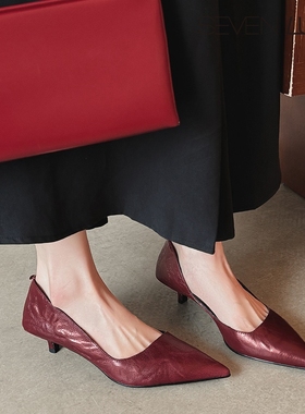 SEVEN LUNA~国内正品2025春夏法式通勤侧空尖头细跟单鞋女SLMO691
