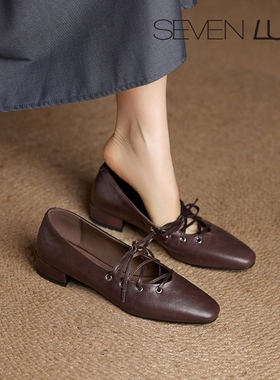 SEVEN LUNA国内正品2025秋季法式复古小皮鞋通勤粗跟单鞋女SLX853