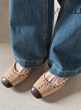 SEVEN LUNA~国内正品2026春季法式拼色通勤浅口粗跟单鞋女SLWC858