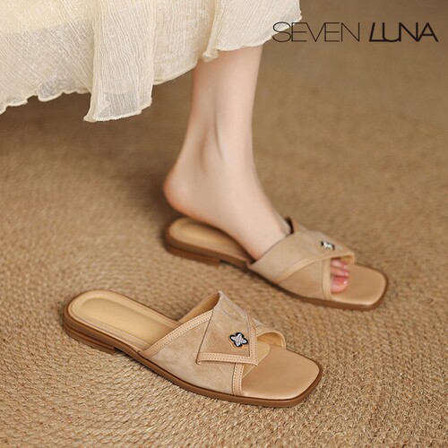 SEVEN LUNA~国内正品2025夏季法式一字拖平底外穿凉拖鞋女SLC220