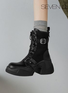 SEVEN LUNA~国内正品2025秋冬厚底马丁靴拼接增高短靴女SLMX050