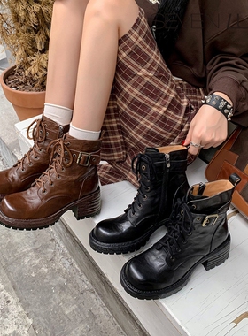 SEVEN LUNA~国内正品2025秋冬英伦风马丁靴显瘦粗跟短靴女SLMK303
