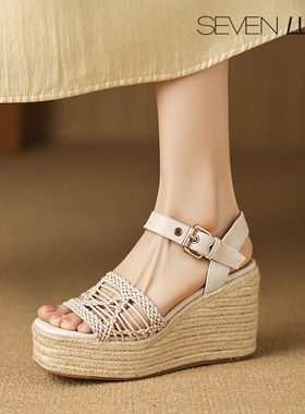 SEVEN LUNA~国内正品2025夏季度假风草编厚底坡跟凉鞋女SLDF096