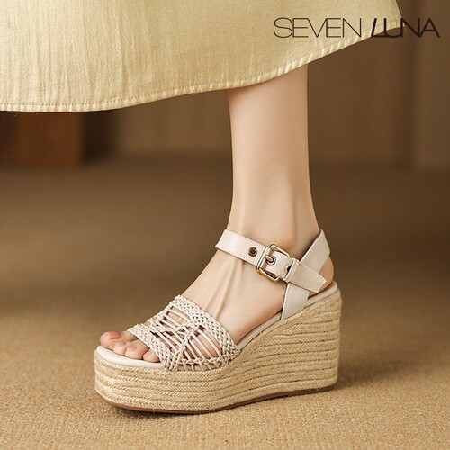 SEVEN LUNA~国内正品2025夏季度假风草编厚底坡跟凉鞋女SLDF096