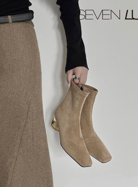 SEVEN LUNA~国内正品2025秋水晶跟弹力靴瘦瘦靴时装短靴女SLMK392