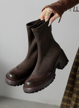 SEVEN LUNA~国内正品2025秋冬厚底拼接弹力靴时装靴短靴女SLWC659