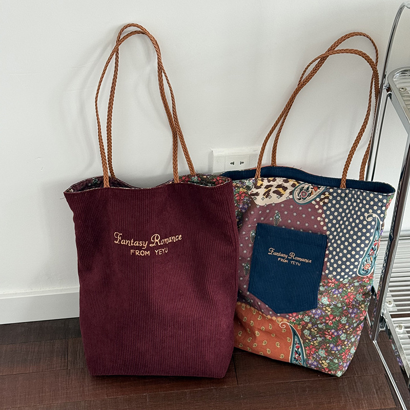 复古刺绣牛仔双面单肩手提包ins韩版新款百搭大容量灯芯绒碎花包