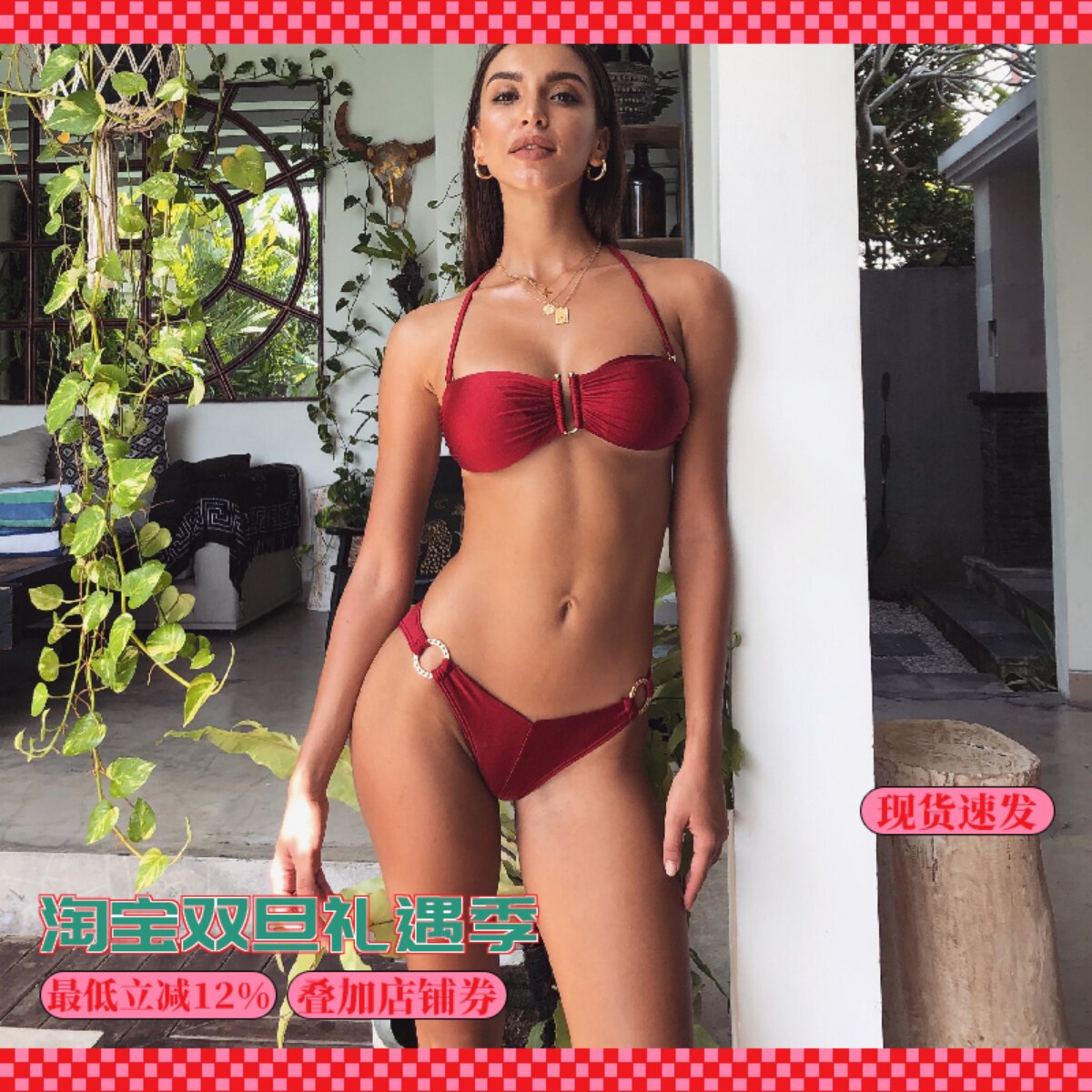 红色挂脖性感比基尼海边度假风