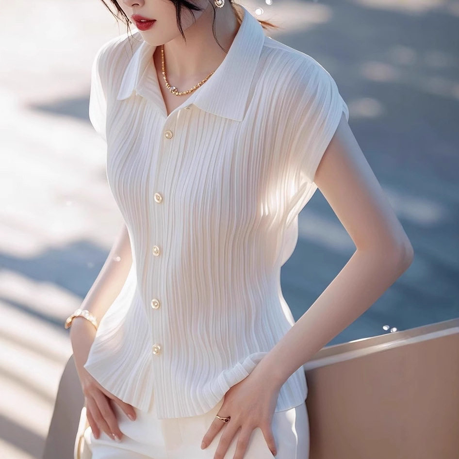 法式优雅超好看白色翻领短袖衬衫女夏季款别致超好看气质薄款