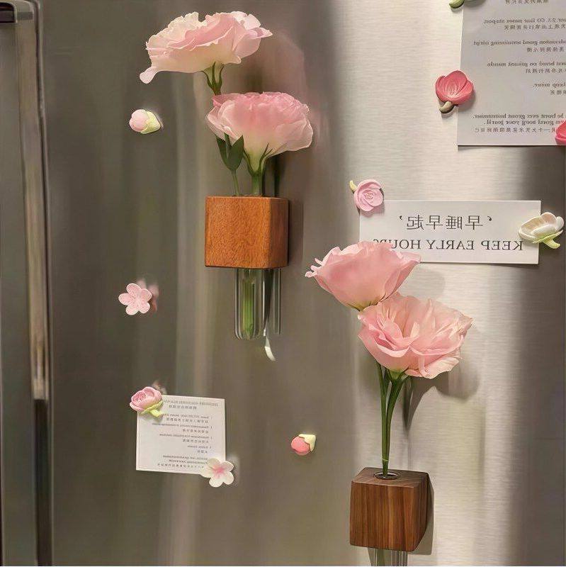 日系原木磁吸冰箱插花瓶简约立体创意居家养花花瓶实木磁吸冰箱贴
