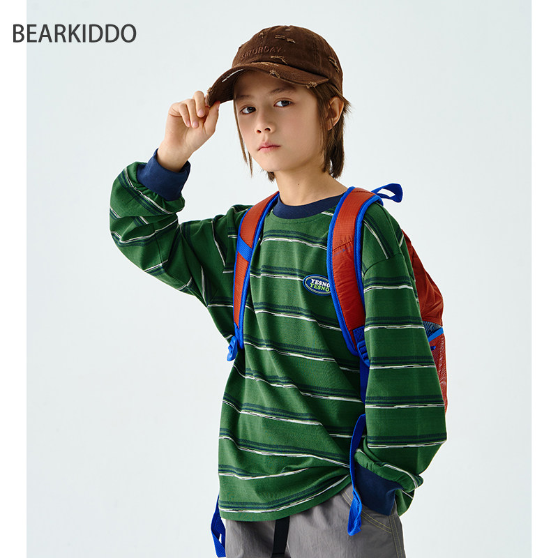 BearKiddo日系男童条纹T恤20025春秋季新款柔软上衣儿童打底衫潮,童装/婴儿装/亲子装,T恤,淘宝优惠券,粉丝福利购,淘宝优惠卷