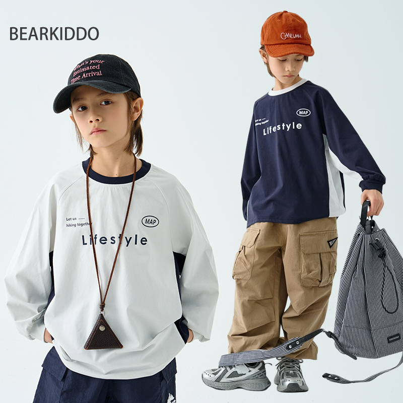 BearKiddo美式春装新款运动球衣儿童柔软球服男童日系拼接长袖T恤