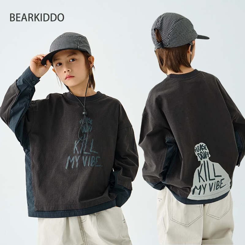 BearKiddo设计师款男童拼接潮版T恤儿童日系洋气打底衫25春秋新款