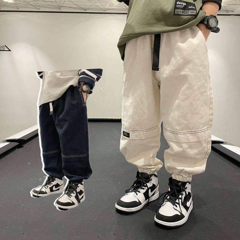 2023春秋儿童宽松休闲工装裤男童洋气港风束脚口长裤大童日系卫折