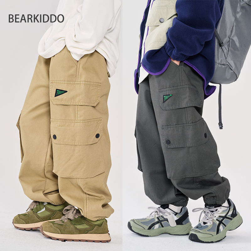 BearKiddo男童一体加绒工装长裤儿童加厚冬装新款宽松保暖休闲裤