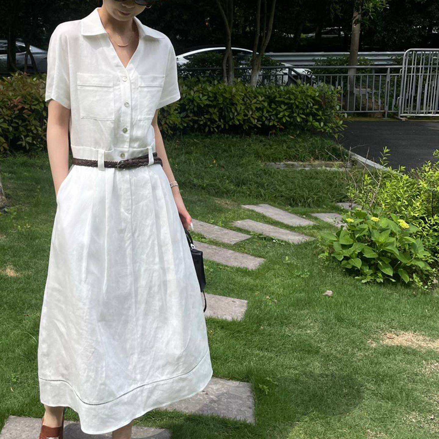 白色亚麻翻领短袖收腰显瘦衬衫裙
