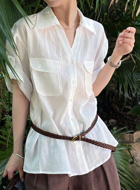 轻熟简约风白色真丝衬衫女短袖翻领单排扣工装口袋收腰上衣