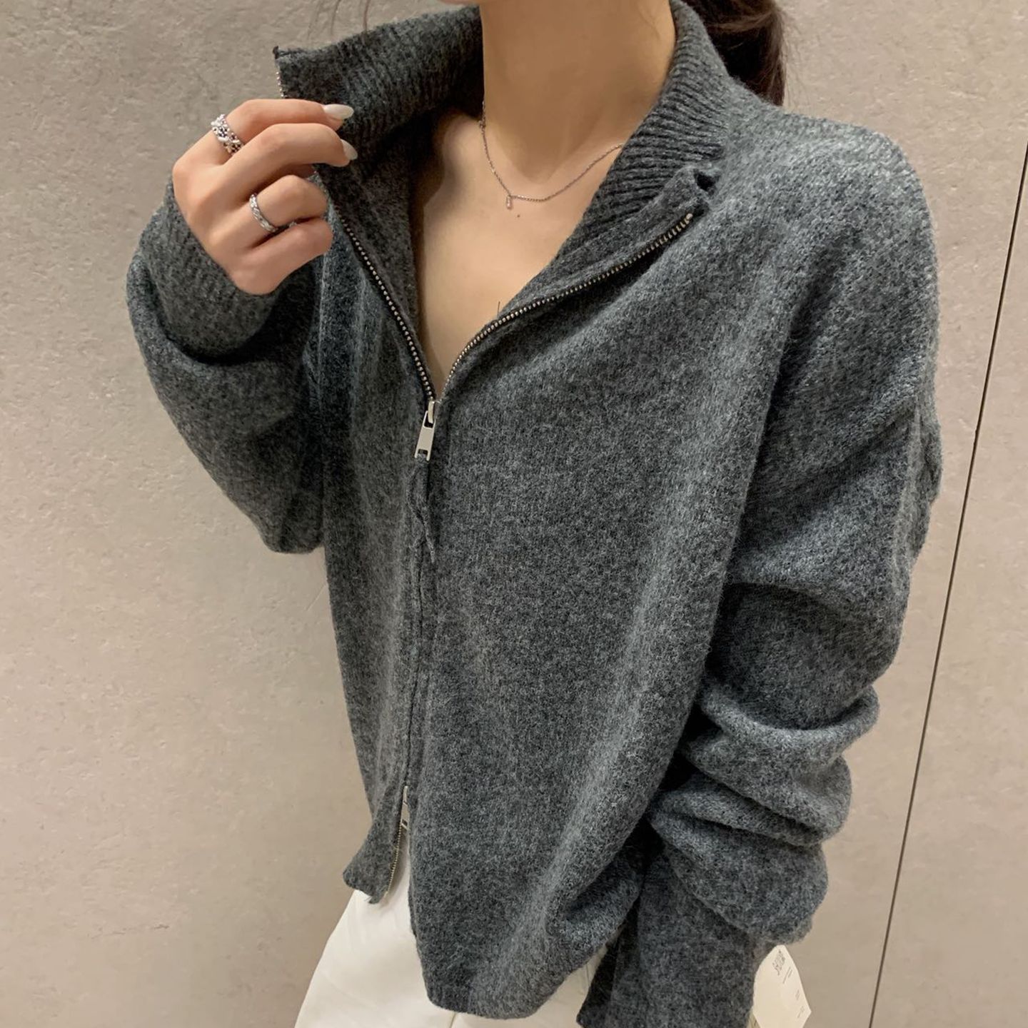 高领双向拉链羊毛针织开衫女