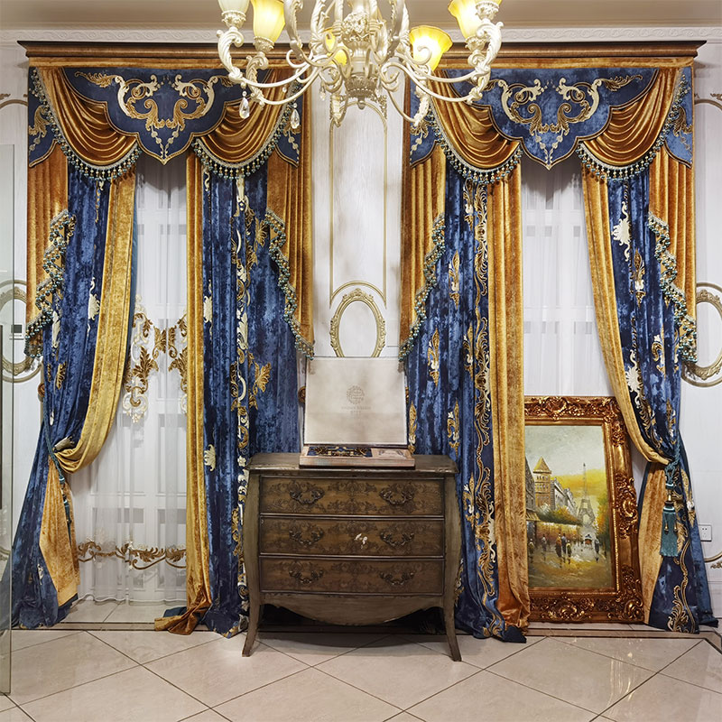 欧式高档大气客厅卧室遮光定制窗帘豪华别墅高窗蓝色绣花美式中式