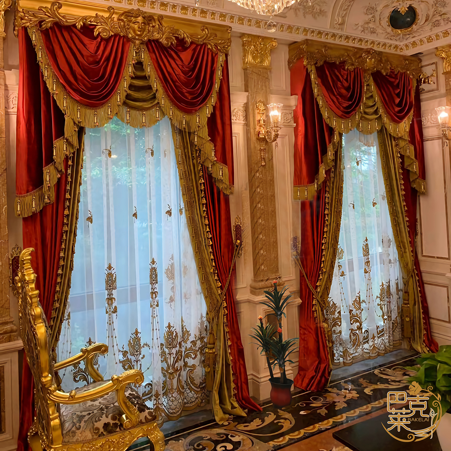 欧式窗帘客厅奢华大气美式法式洛可可宫廷窗幔高级新款红色结婚绒